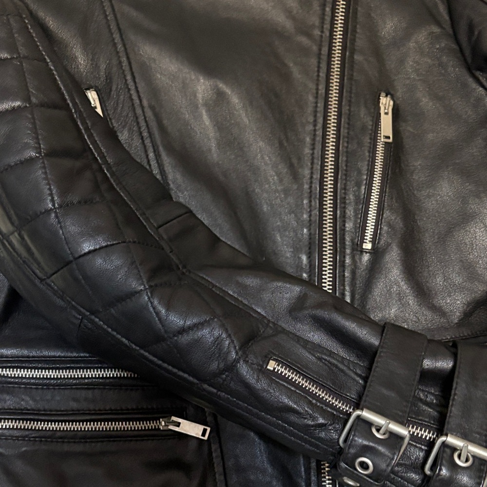 Source Unknown Black Leather Biker Jacket 100% Sheep Leather - Picture 5 of 13